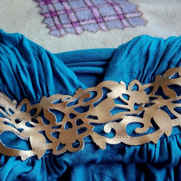 A14  Beautiful Blue Bodice Top w/Gold Leather  Very flattering Athena style - Picture 3 of 4